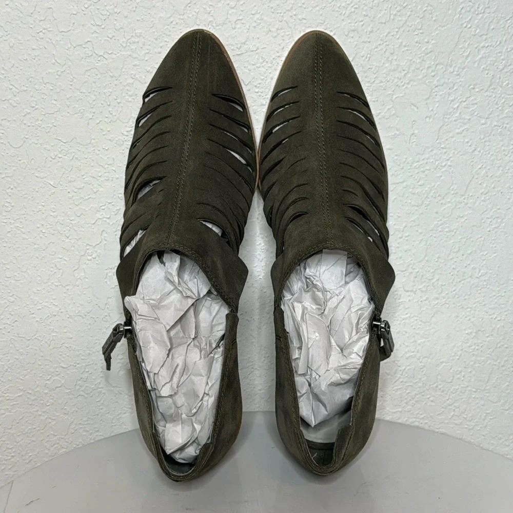 1. STATE ARNET OLIVE SUEDE LASER CUT POINTED TOE  HEELED ANKLE BOOTIE - Picture 9 of 14